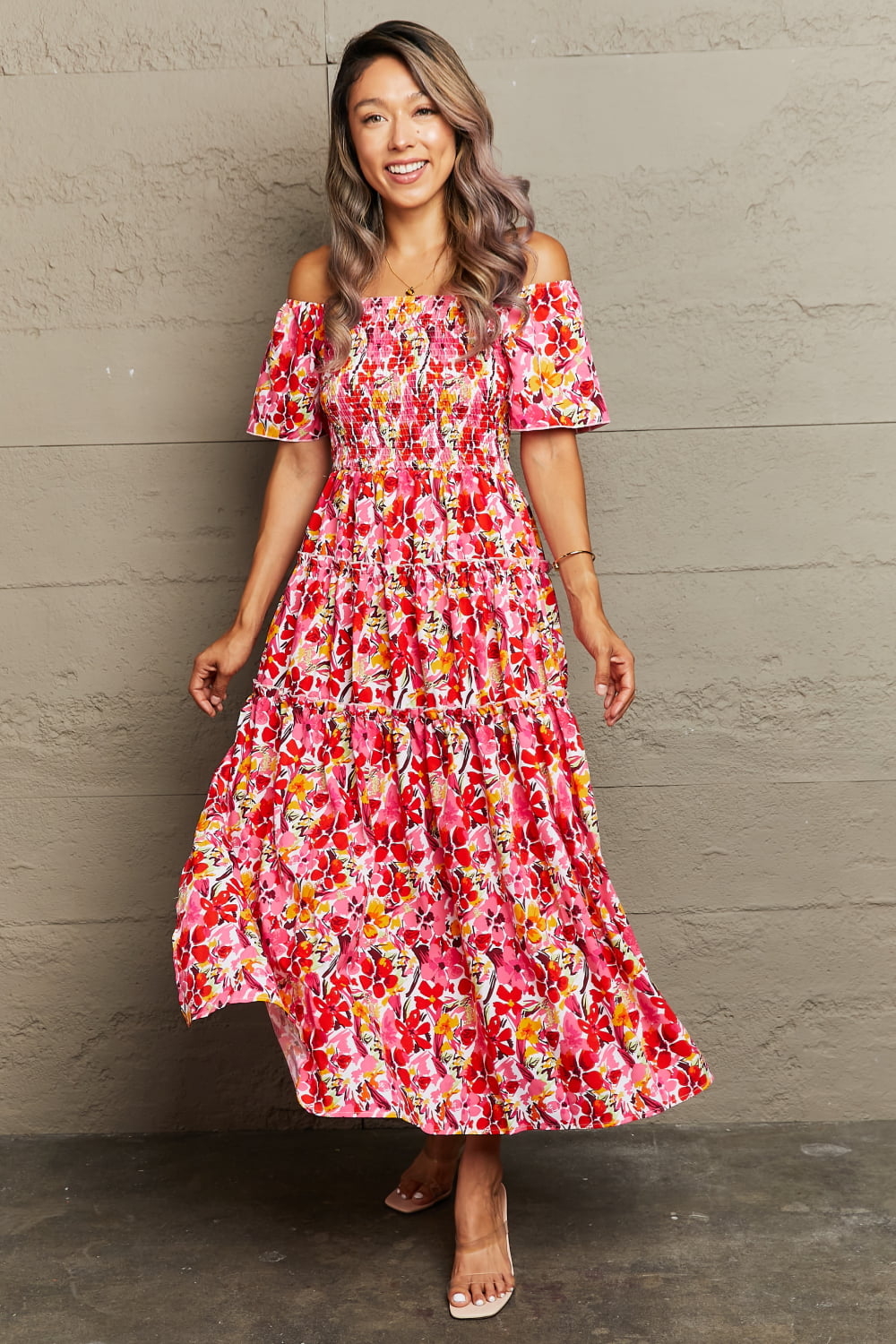 Honeybee Mumford's Floral Off-Shoulder Frill Trim Maxi Dress