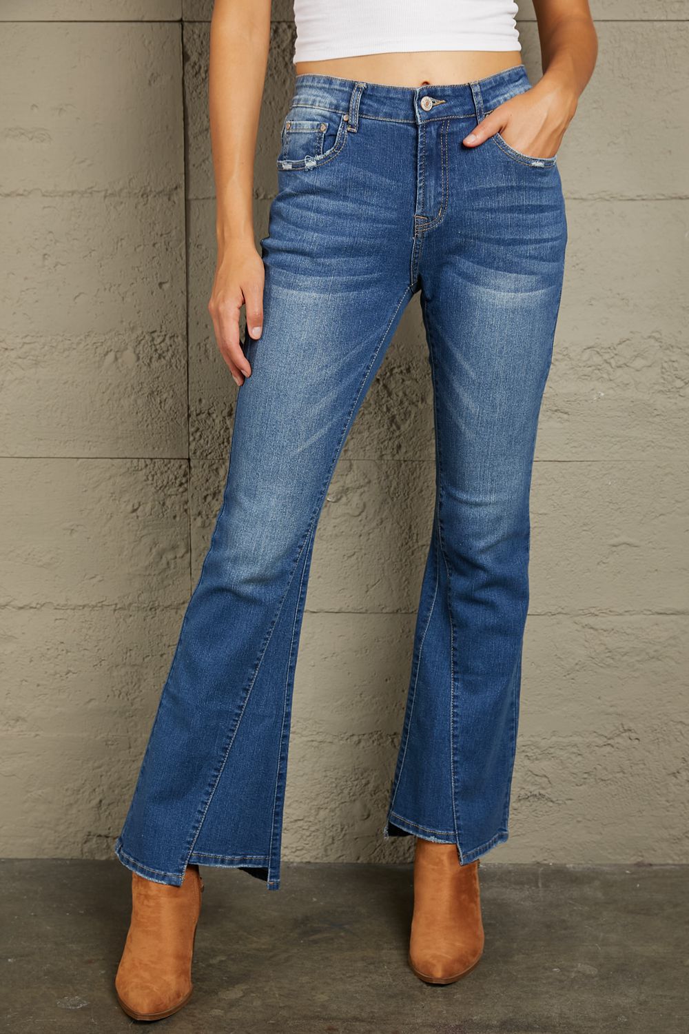 Honeybee Mumford's light or dark blue High Rise Flare Jeans with Pockets