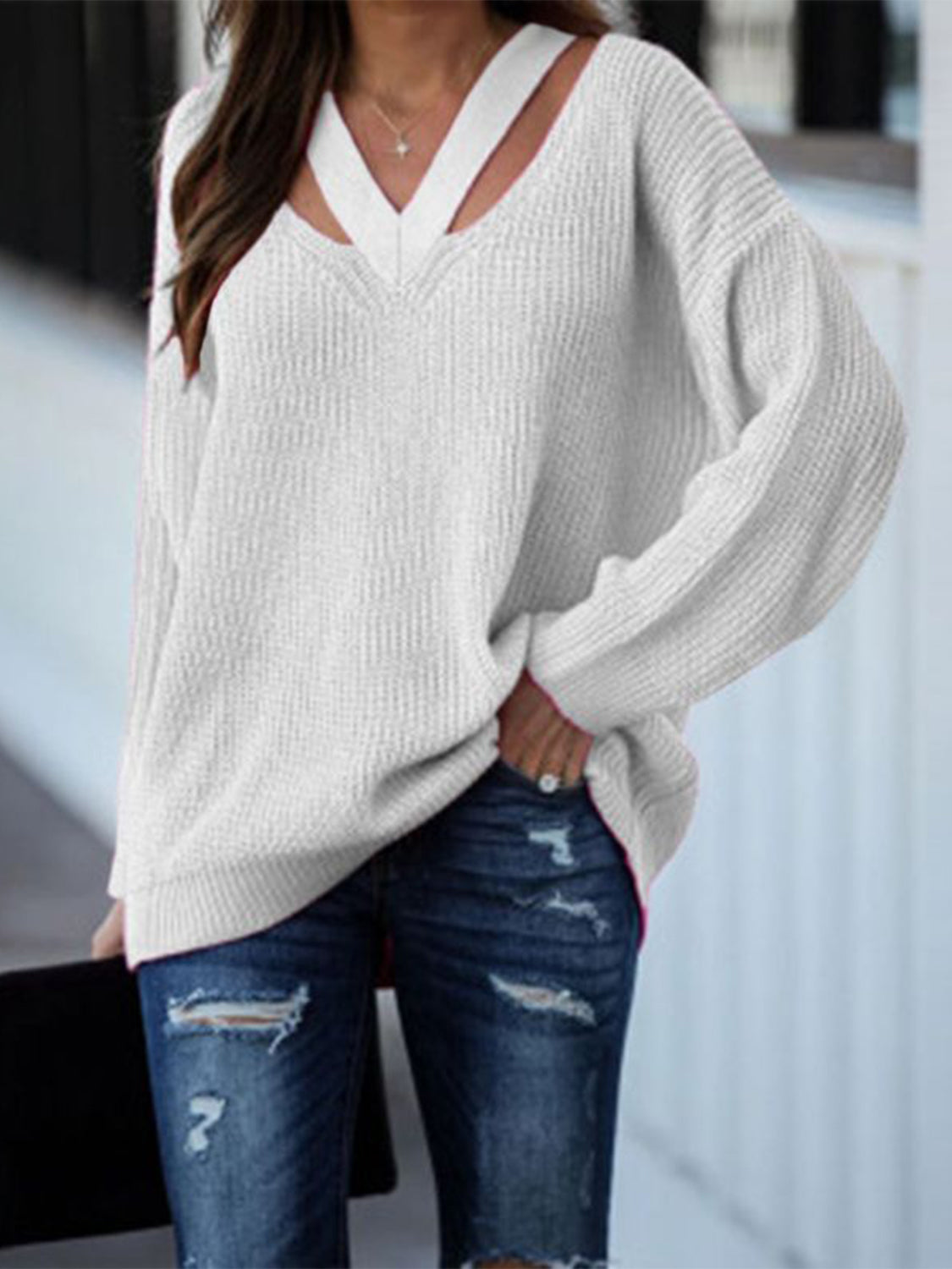 Honeybee Mumford's Full Size Cutout V-Neck Rib-Knit Sweater