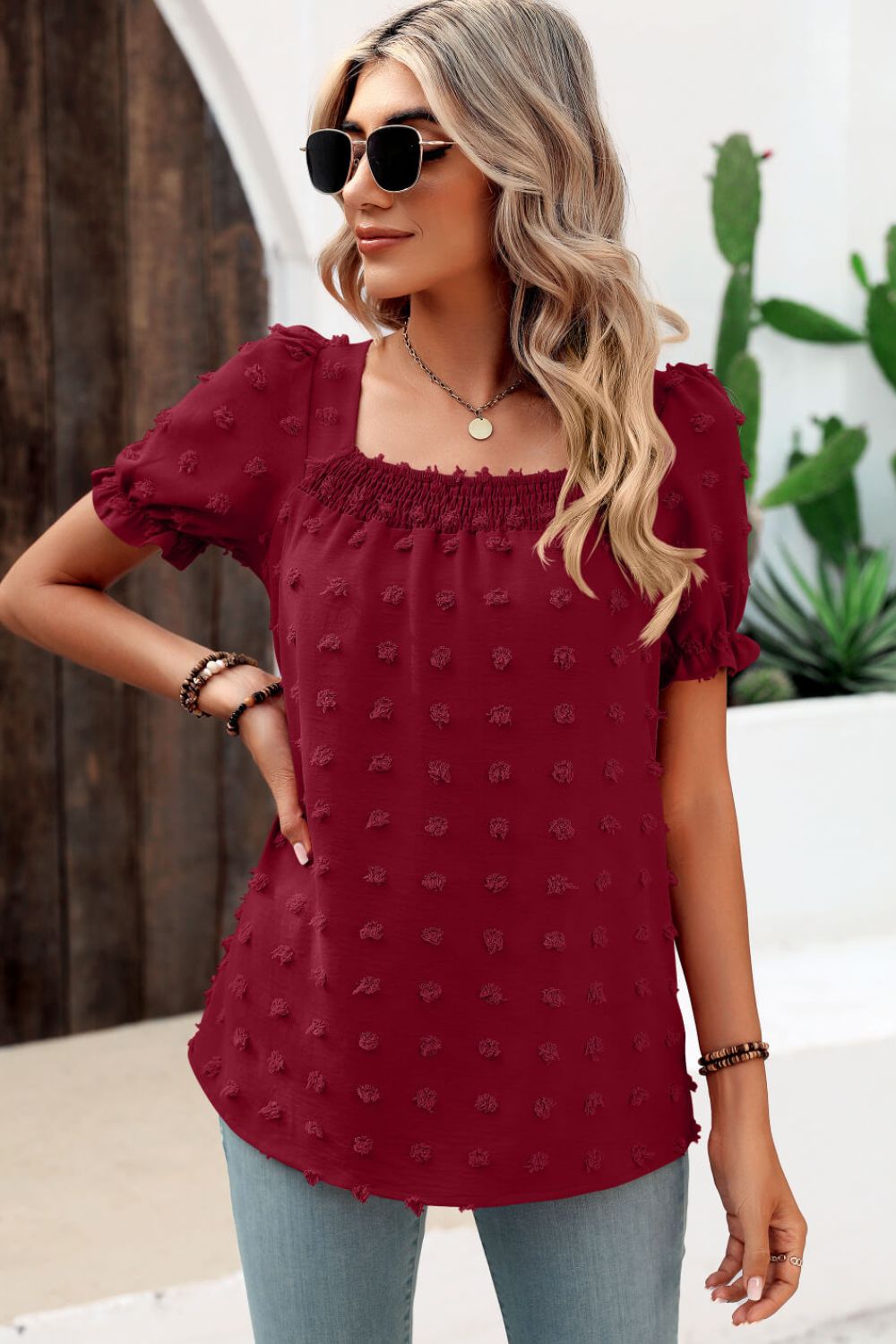 Honeybee Mumford's Swiss Dot Puff Sleeve Square Neck Blouse