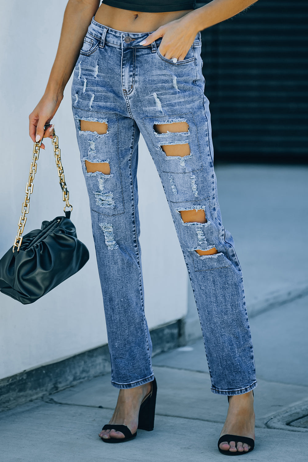 Honeybee Mumford's Sky Blue Buttoned Pockets Distressed Jeans