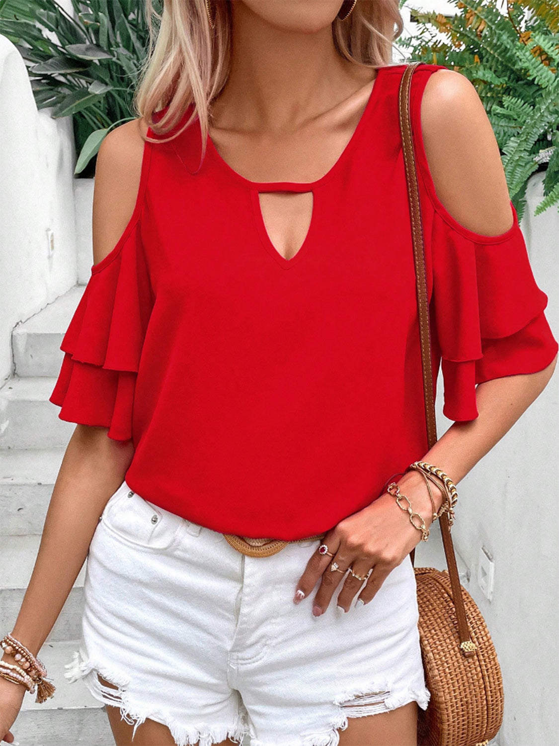 Honeybee Mumford's Cold Shoulder Flounce Sleeve Blouse