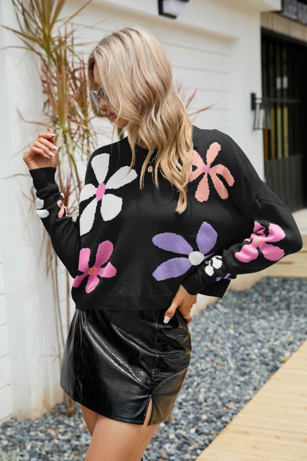 Honeybee Mumford's Floral Dropped Shoulder Ribbed Trim Sweater