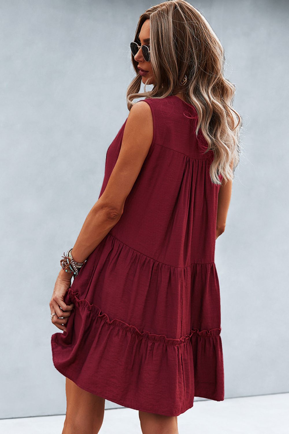 Honeybee Mumford's Frill Trim Notched Sleeveless Tiered Dress