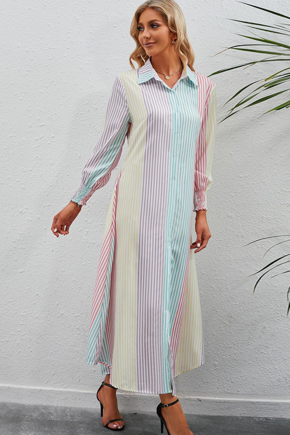 Honeybee Mumford's Rainbow Stripe Button-Up Maxi Shirt Dress