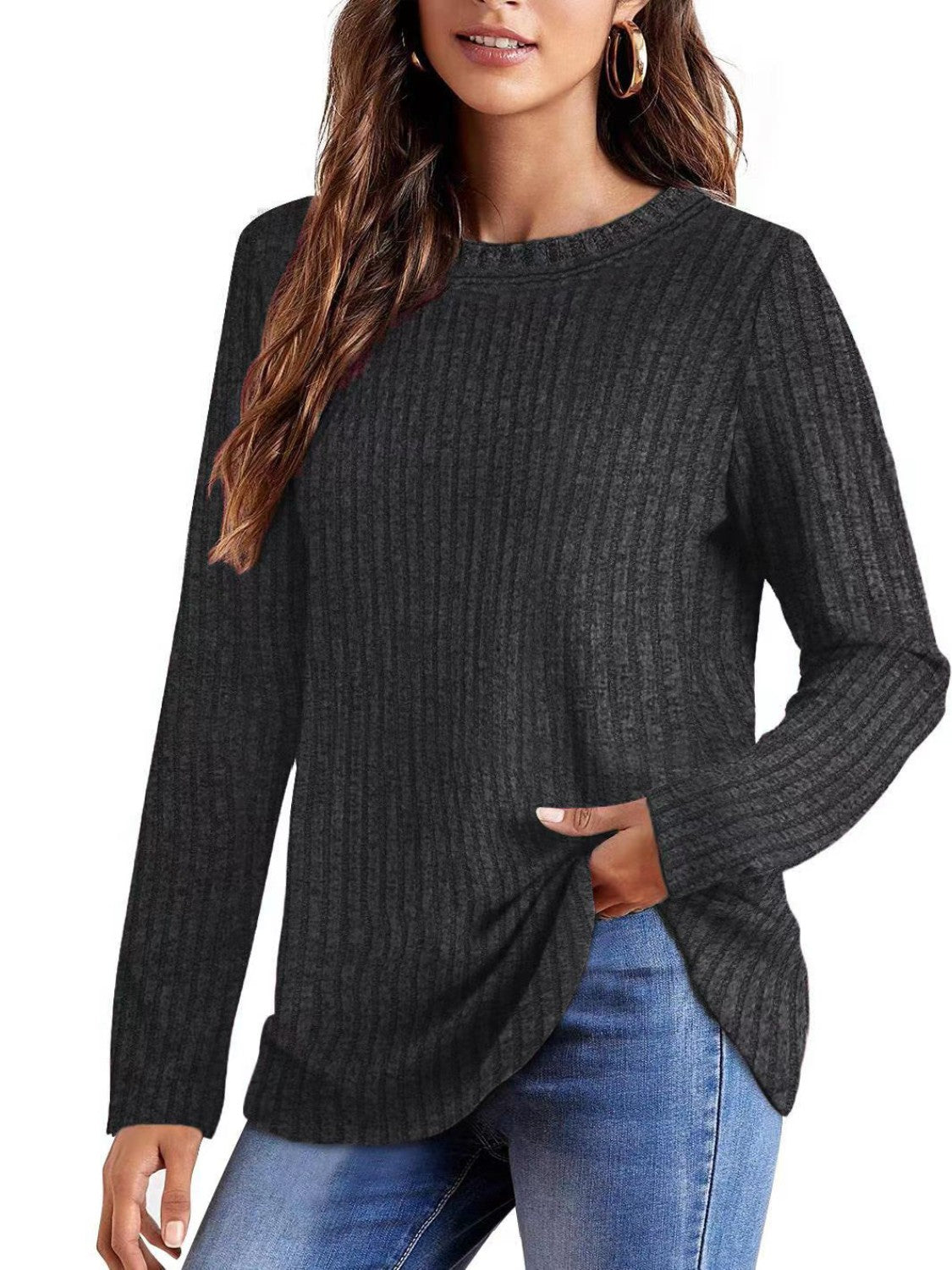 Honeybee Mumford's Ribbed Round Neck Long Sleeve Blouse