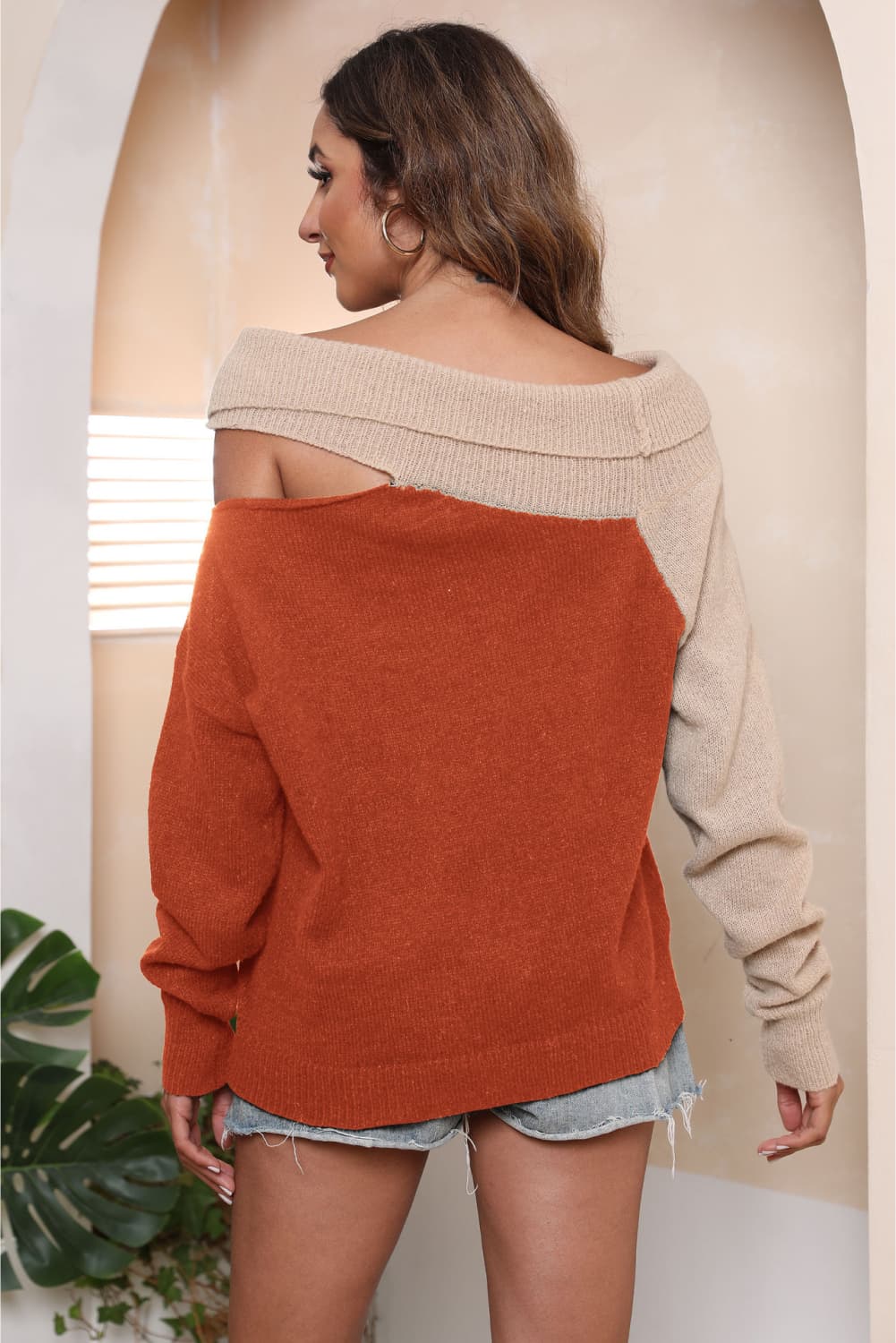 Honeybee Mumford's Asymmetrical Long Sleeve Two-Tone Cutout (Black, Orange, Dark Green, Deep Red, Mocha colors)