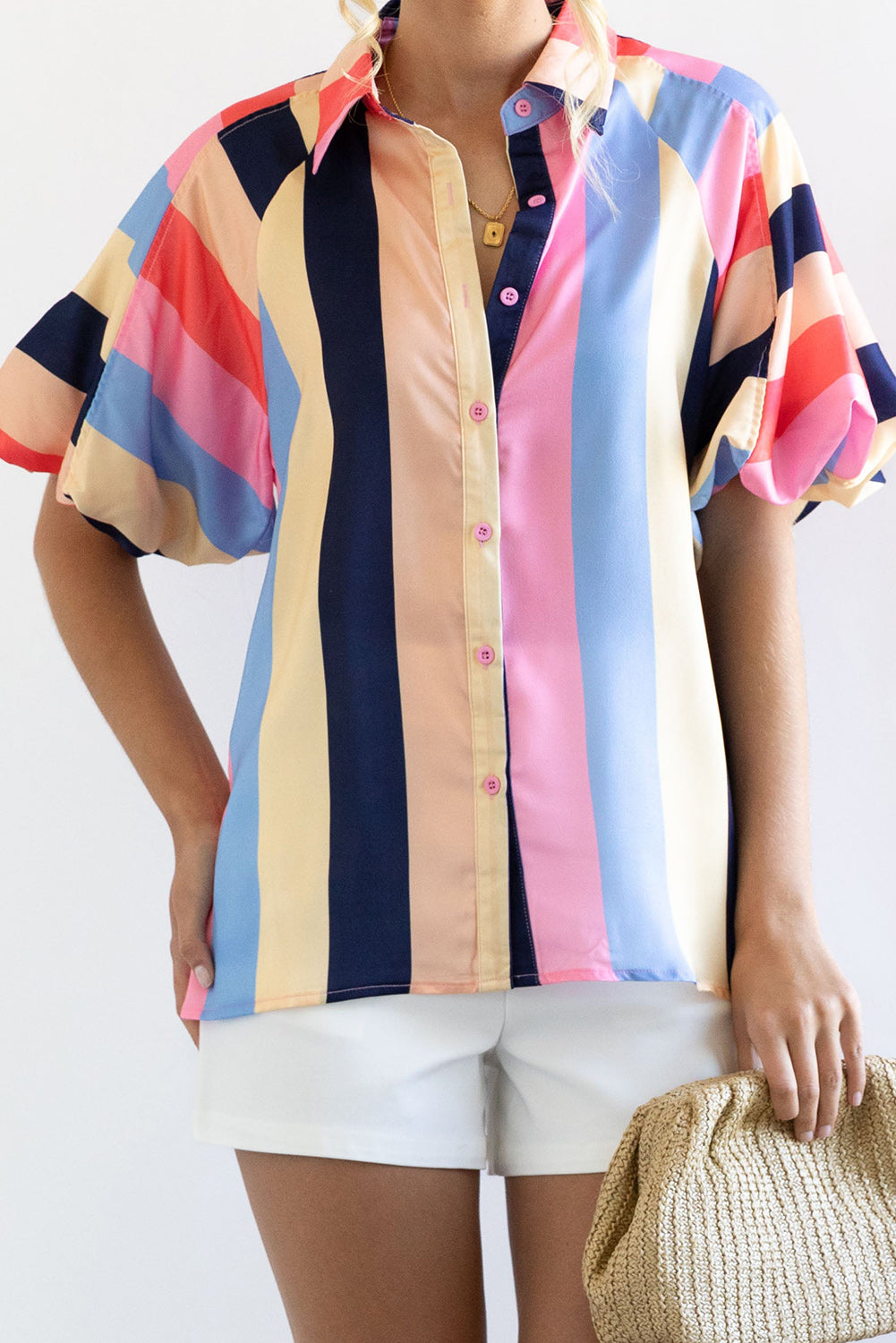 honeybee Mumford's Multicolor Color Block Striped Puff Sleeve Buttoned Shirt