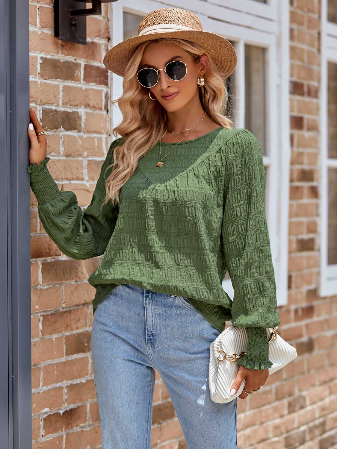 Honeybee Mumford's Round Neck Lantern Sleeve Blouse