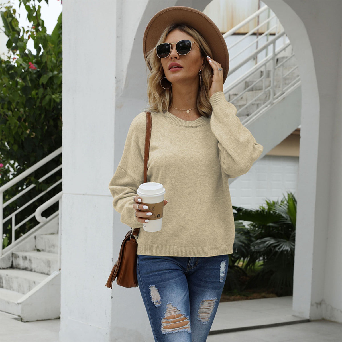 Honeybee Mumford's Round Neck Long Sleeve Drop Shoulder Sweater