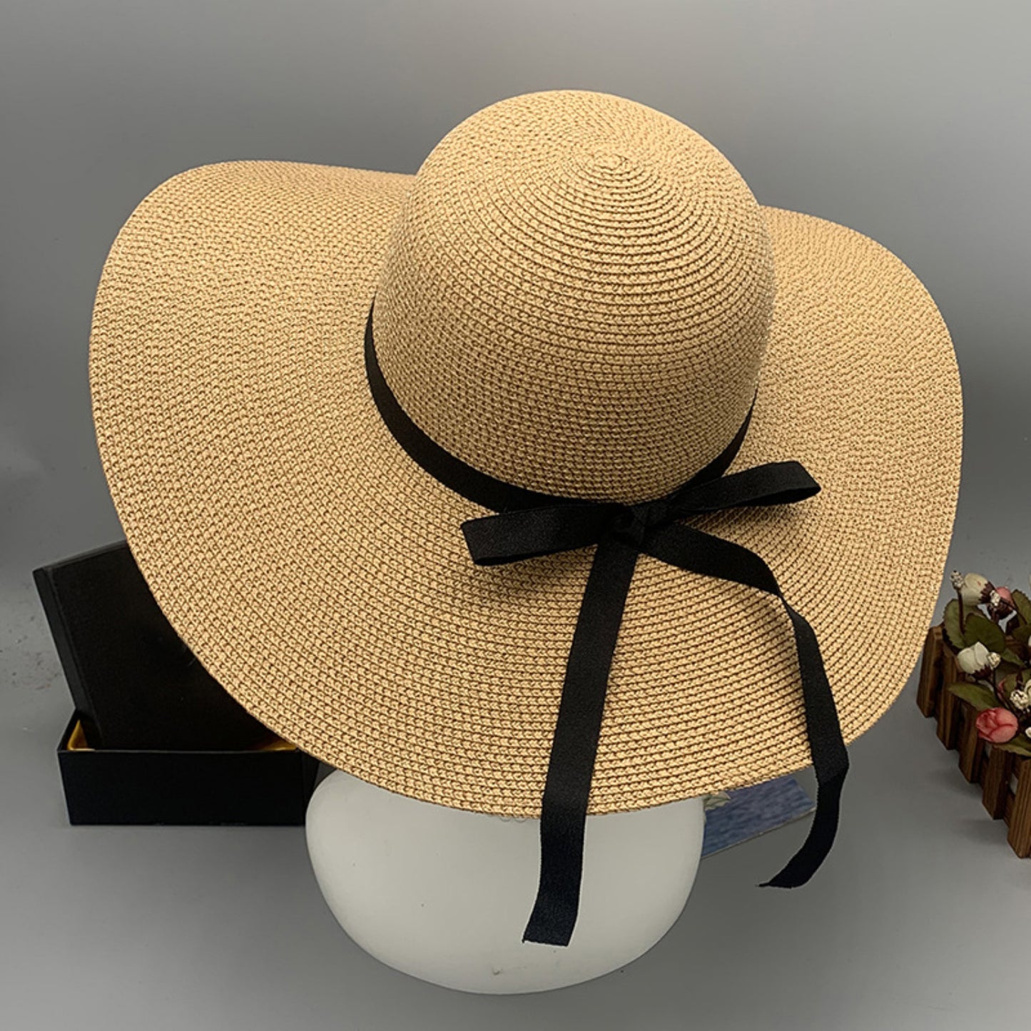 Honeybee Mumford's Paper Braided Wide Brim Hat w/ black Bow in Ivory, Navy, Black, Tan