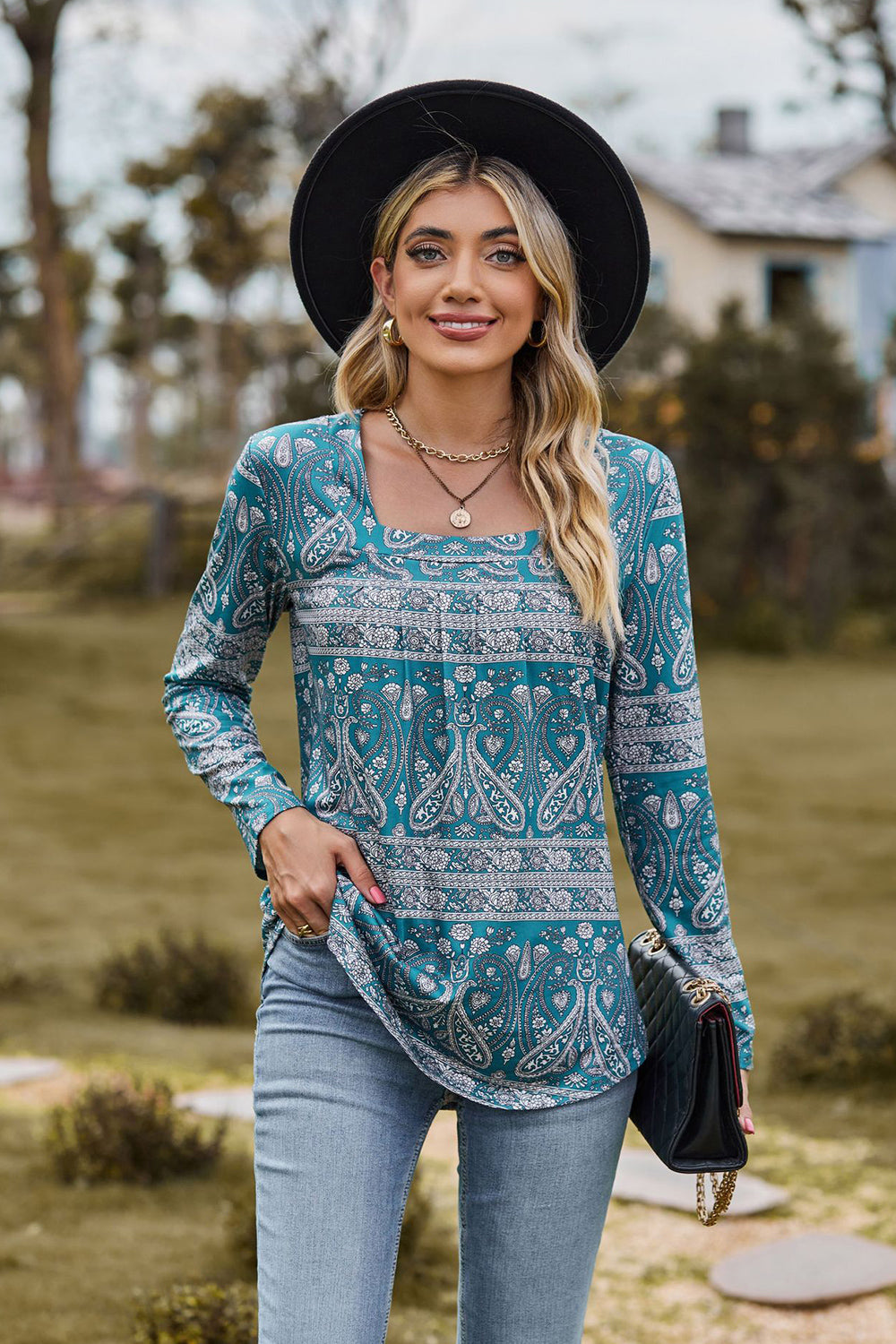 Honeybee Mumford's Printed Square Neck Long Sleeve Blouse