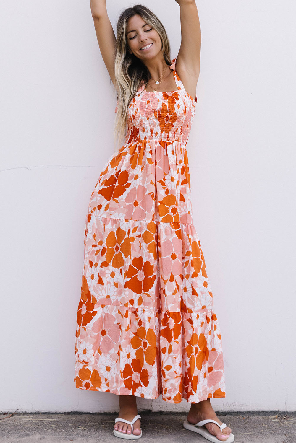 Honeybee Mumford's Floral Tie-Shoulder Smocked Maxi Dress