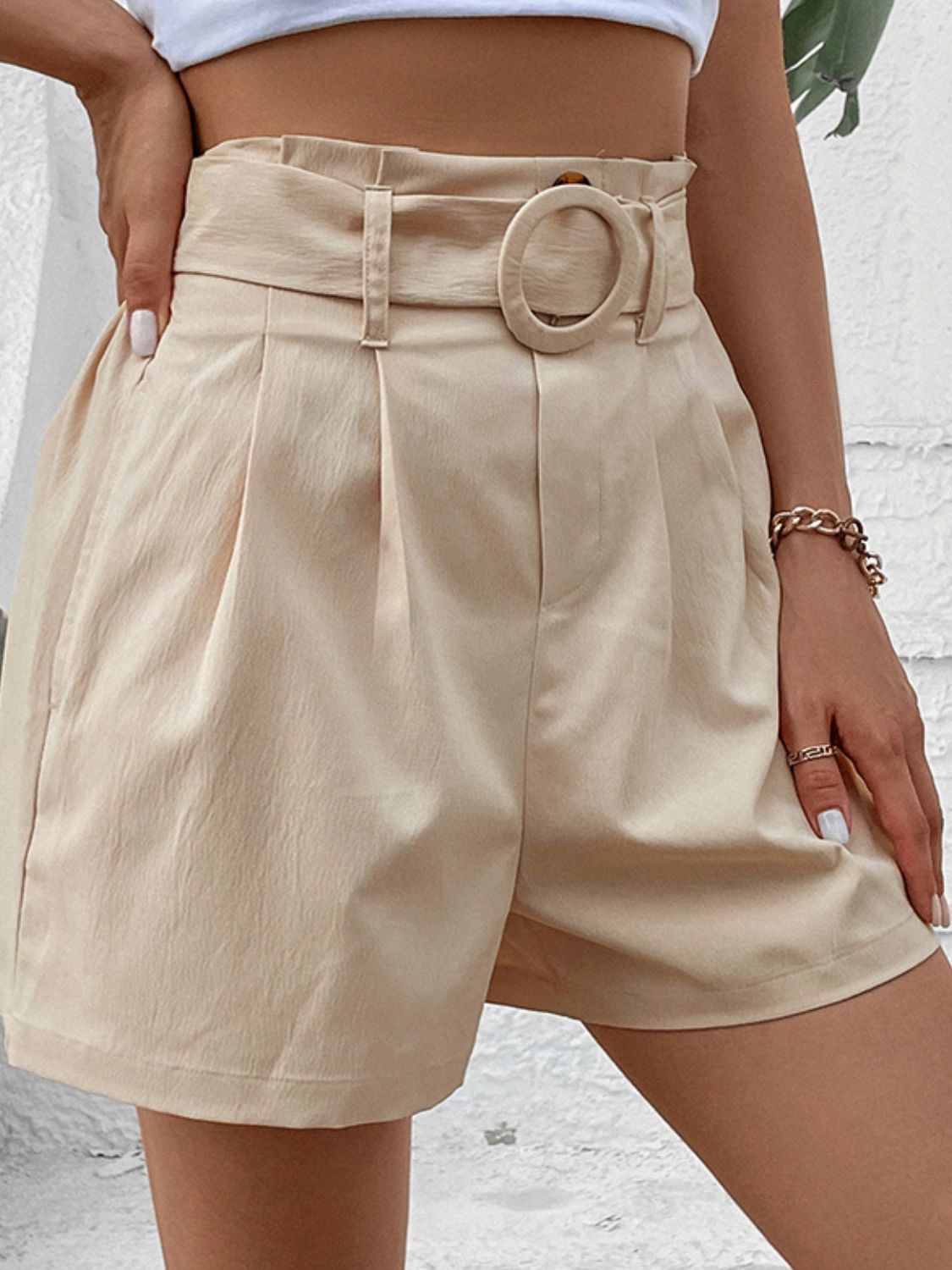 Honeybee Mumford's cream-colored Belted Shorts with Pockets