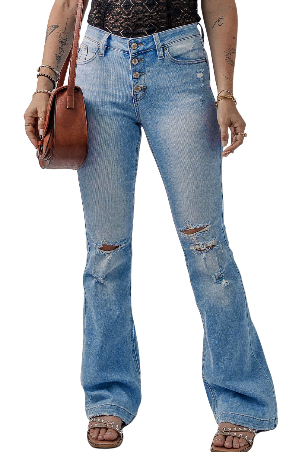 Honeybee Mumford's Beau Blue High Waist Button Front Ripped Flare Jeans