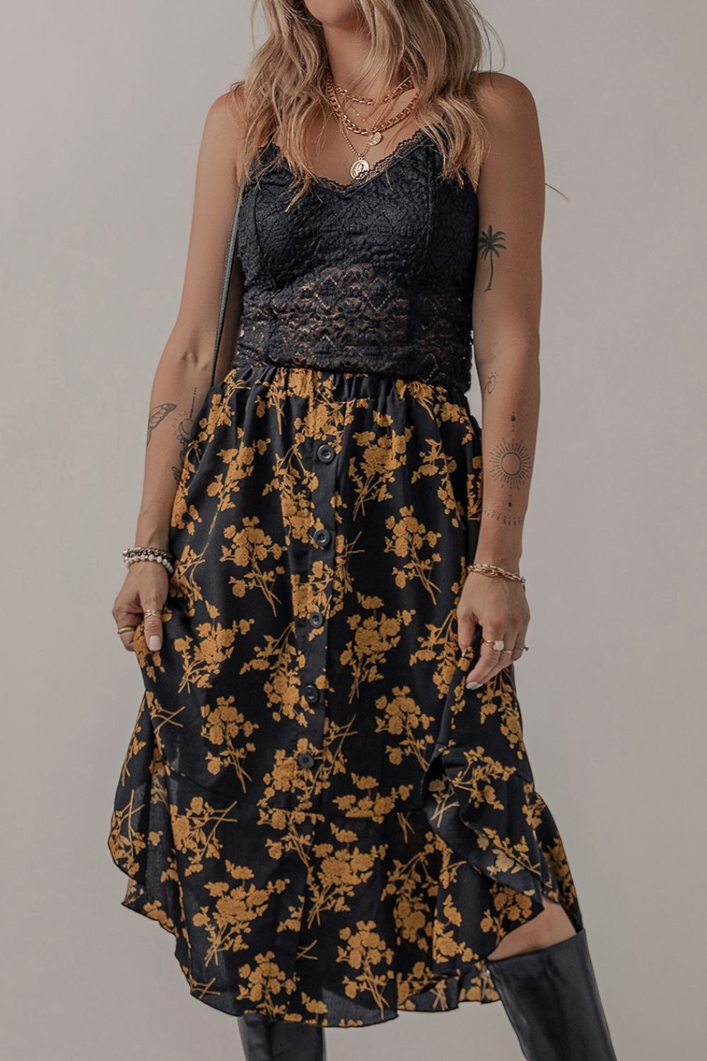 Honeybee Mumford's Floral Buttoned Ruffle Hem Skirt