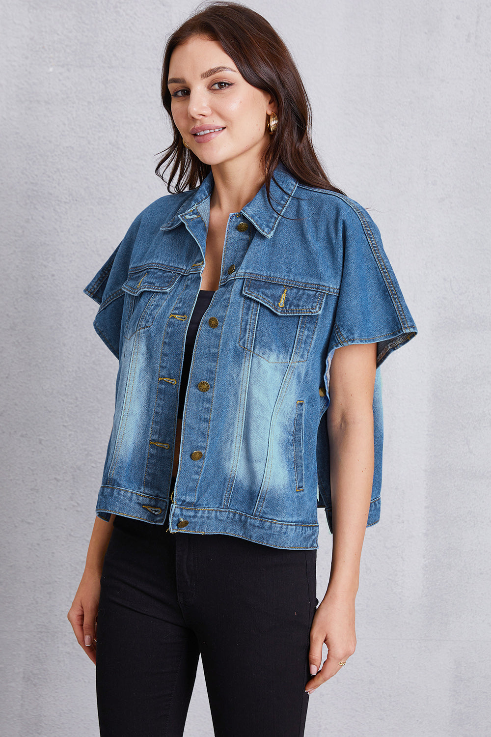 Honeybee Mumford's Pocketed Button Up Short Sleeve Denim Top