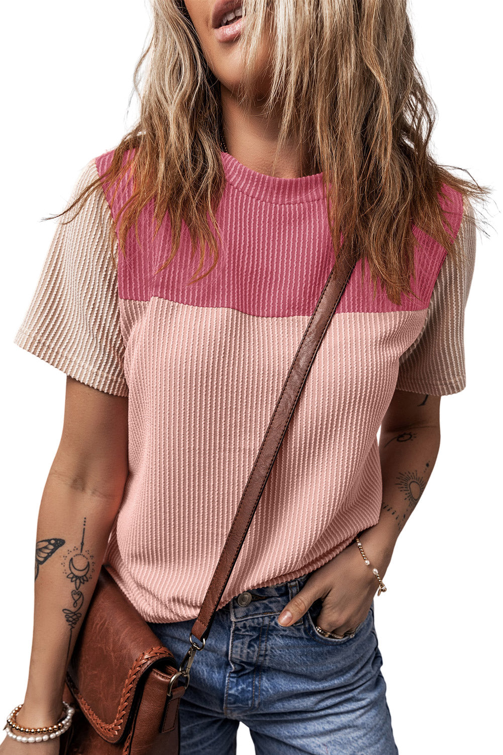 Honeybee Mumford's Pink Rib Textured Colorblock T Shirt