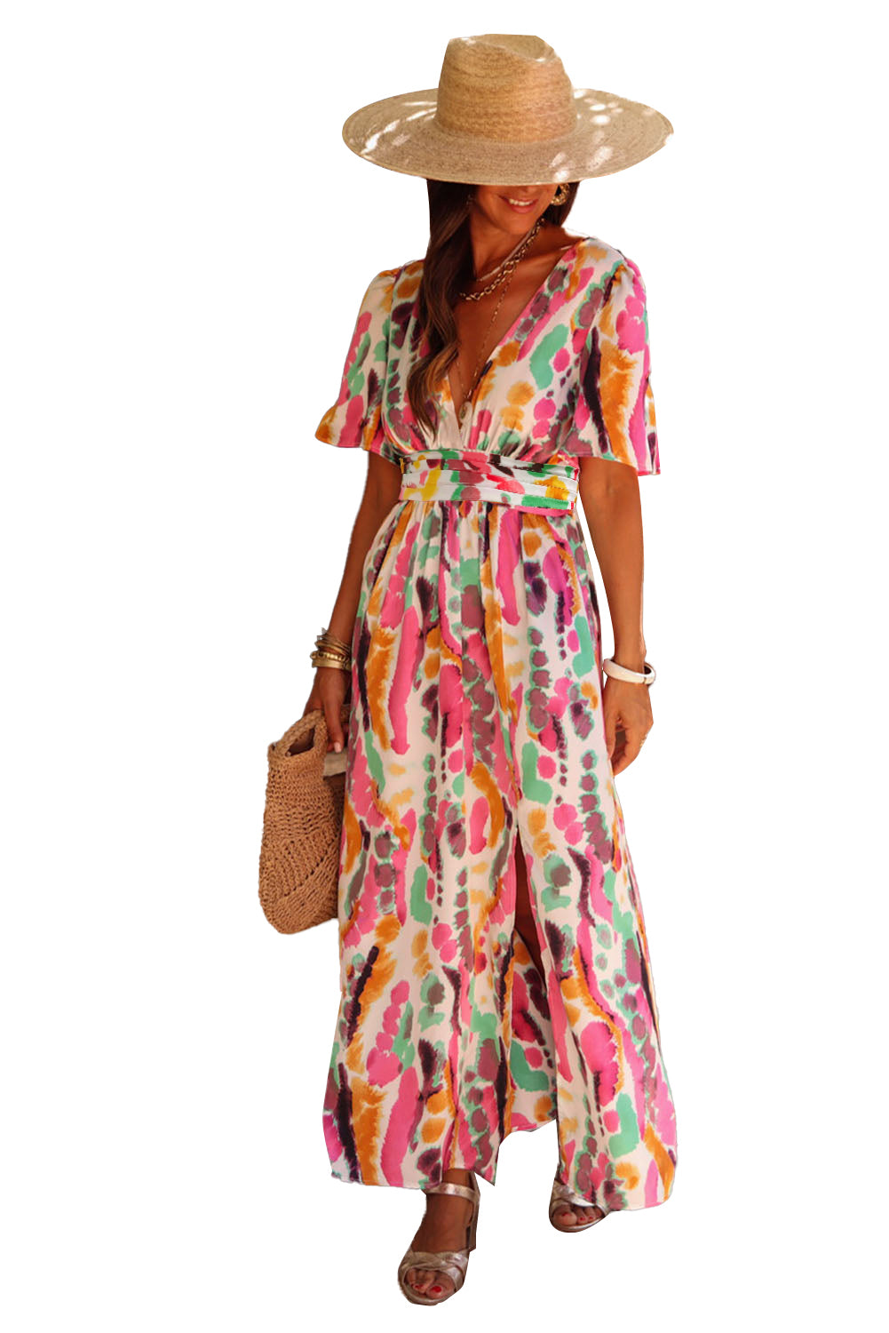 Honeybee Mumford's Pink Boho Tie-dye Print V Neck Maxi Dress