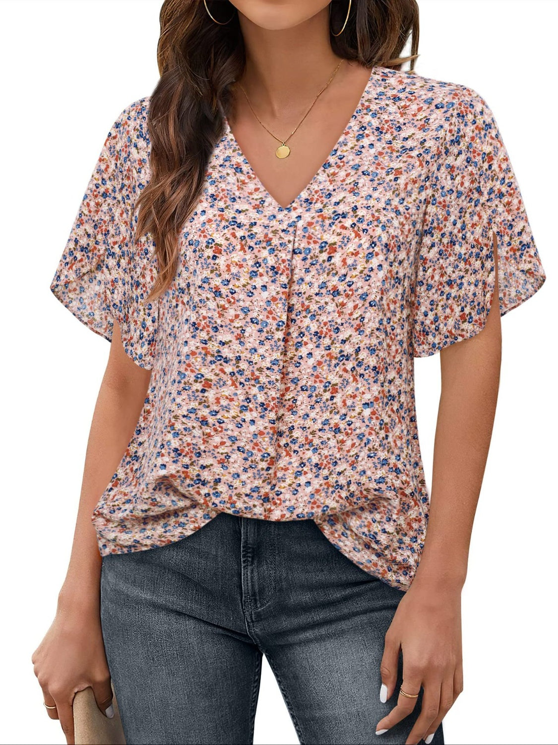 Honeybee Mumford's Printed V-Neck Slit Half Sleeve Blouse