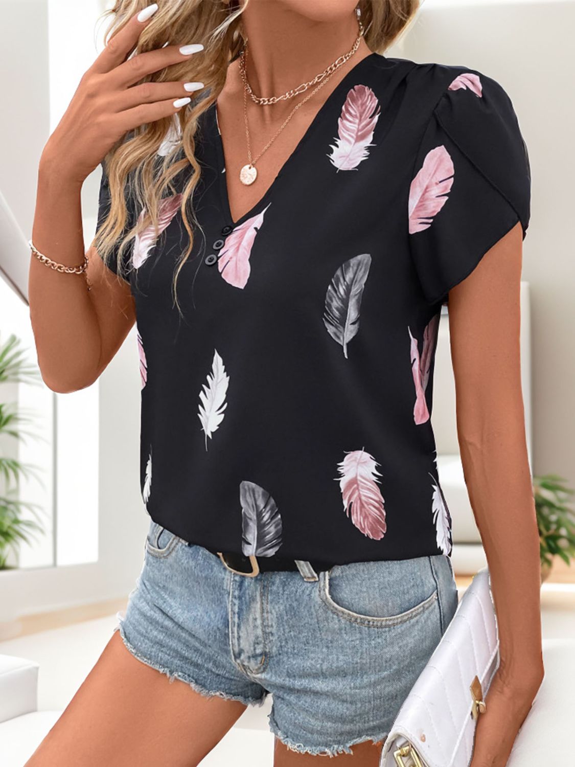 Honeybee Mumford's Printed V-Neck Short Sleeve Blouse