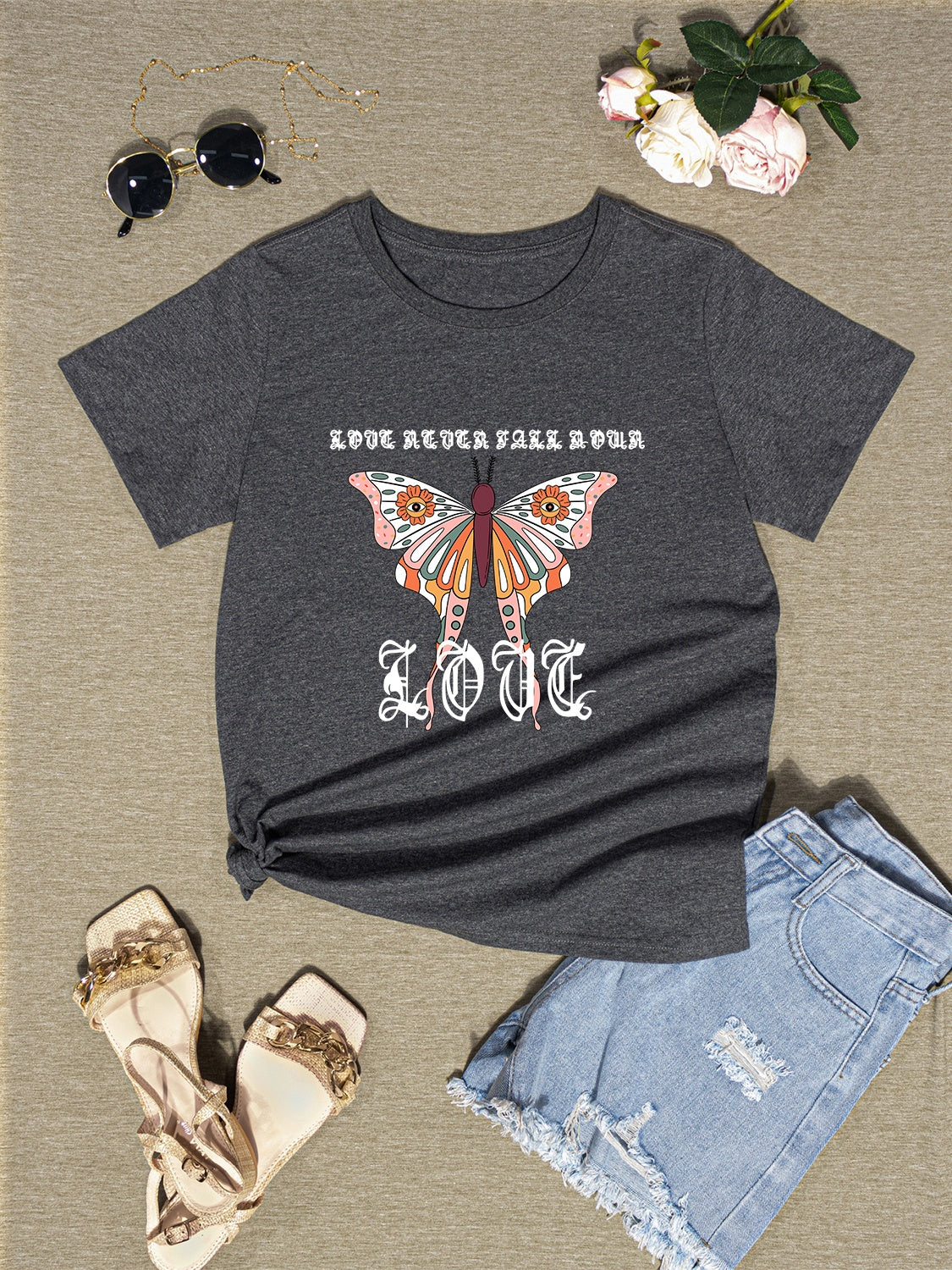 honeybee Mumford's Graphic Butterfly Short Sleeve T-Shirt w/ Round Neck in Dark Gray , Black , White