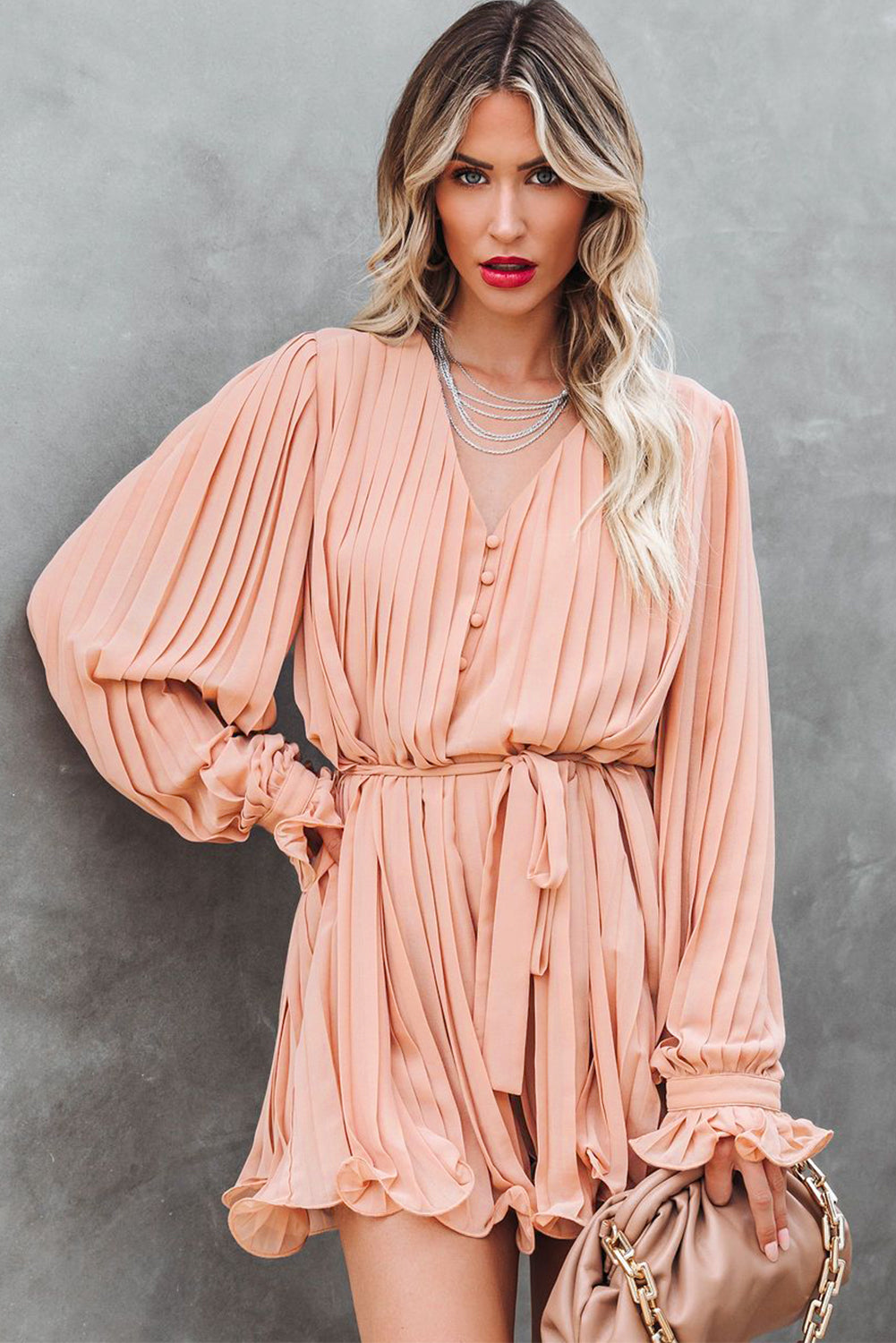 Honeybee Mumford's Pink Pleated Ruffled Tie Waist Buttons V Neck Romper