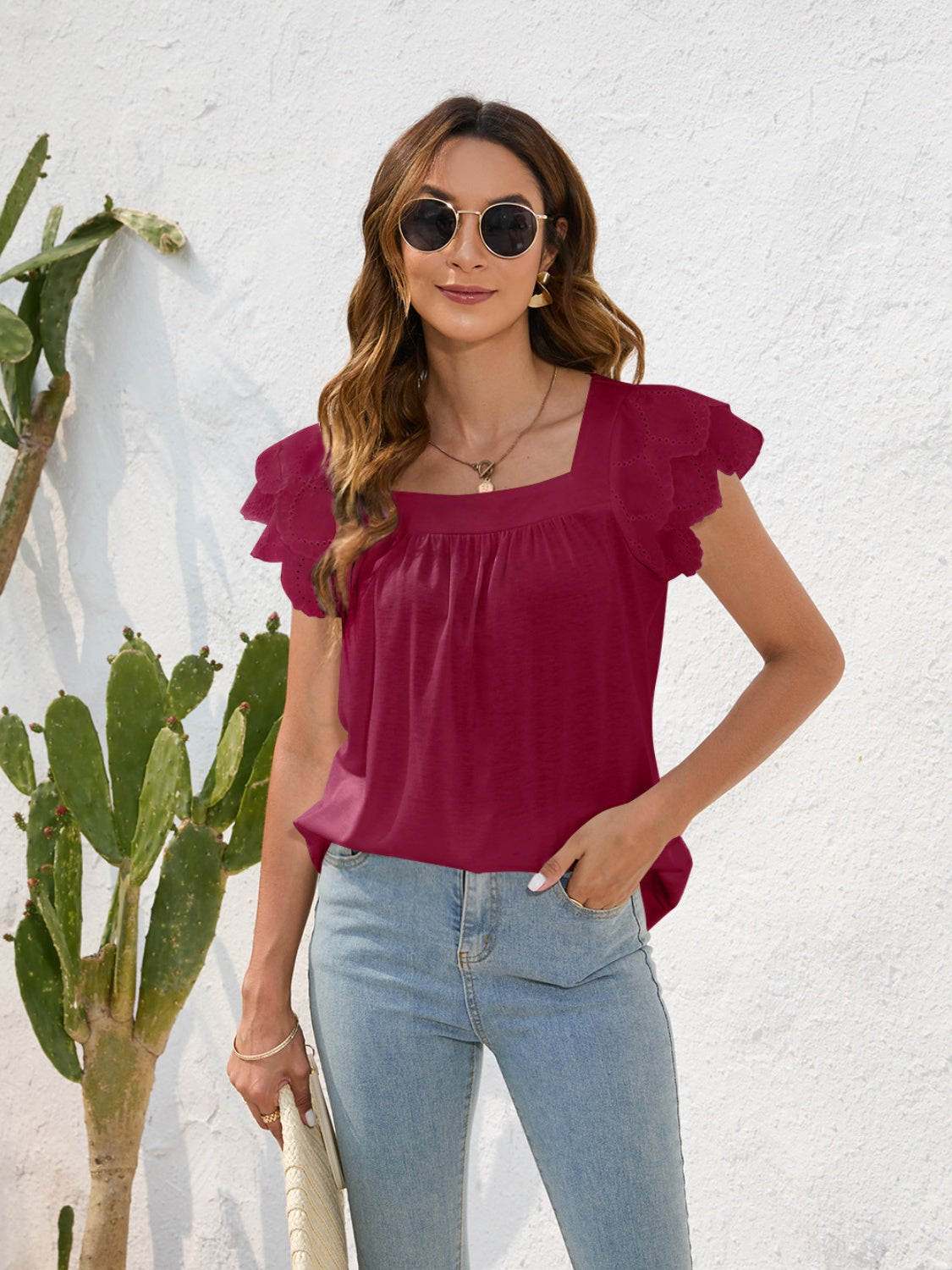 Honeybee Mumford's Ruffled Square Neck Cap Sleeve Blouse