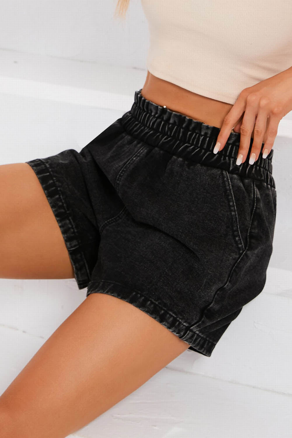 Honeybee Mumford's Black Retro Bleach-washed Ruffled Elastic High Waist Denim Shorts