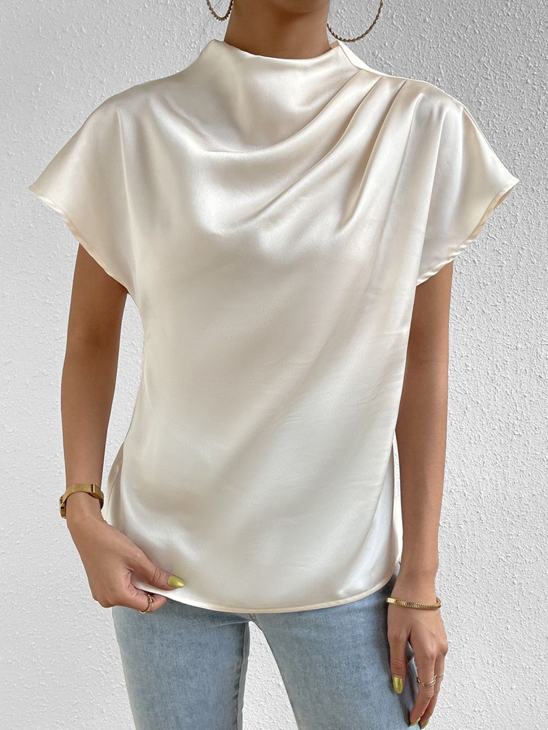 Honeybee Mumford's Ruched Mock Neck Short Sleeve Blouse