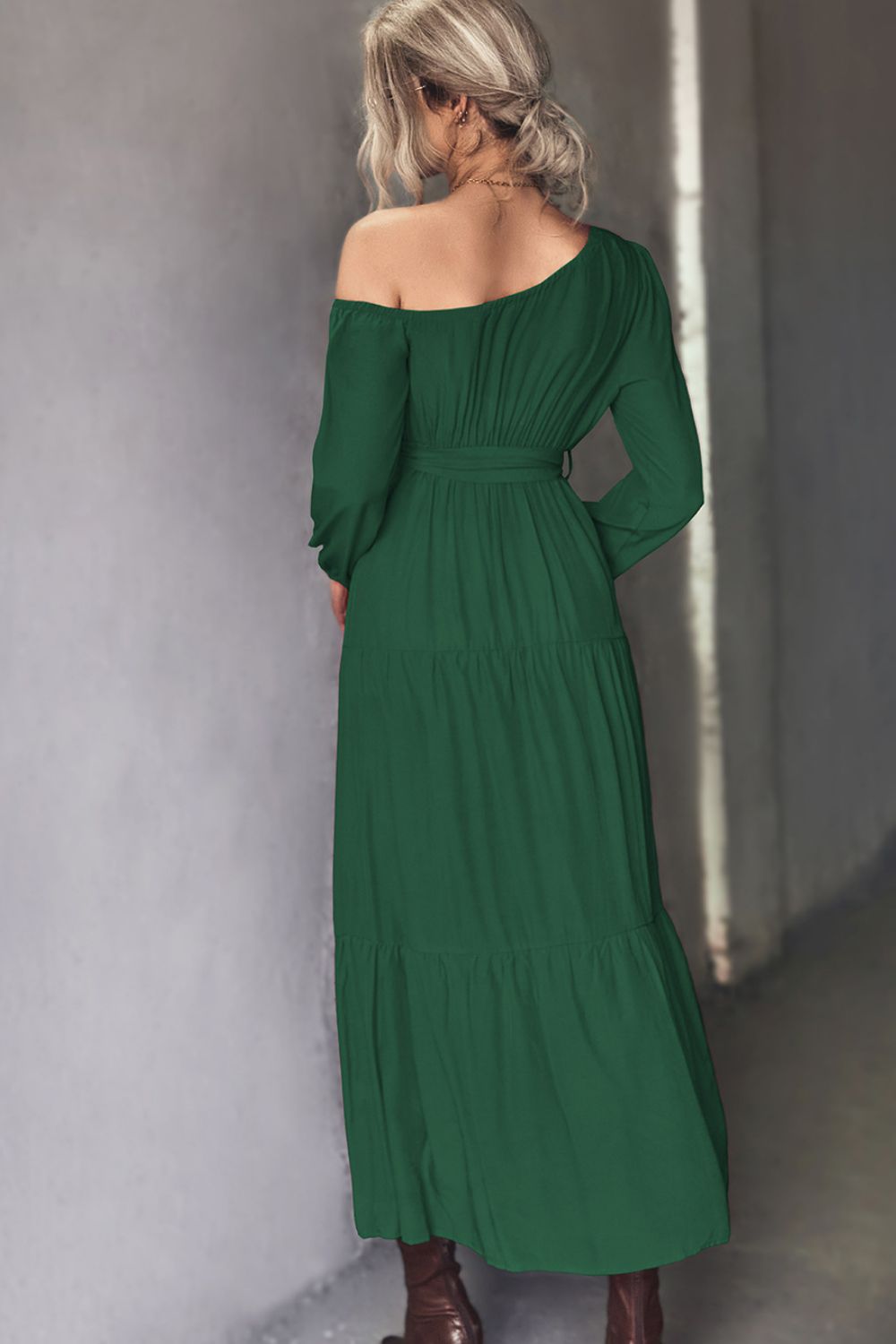 Honeybee Mumford's Black or Green Belted One-Shoulder Tiered Maxi Dress