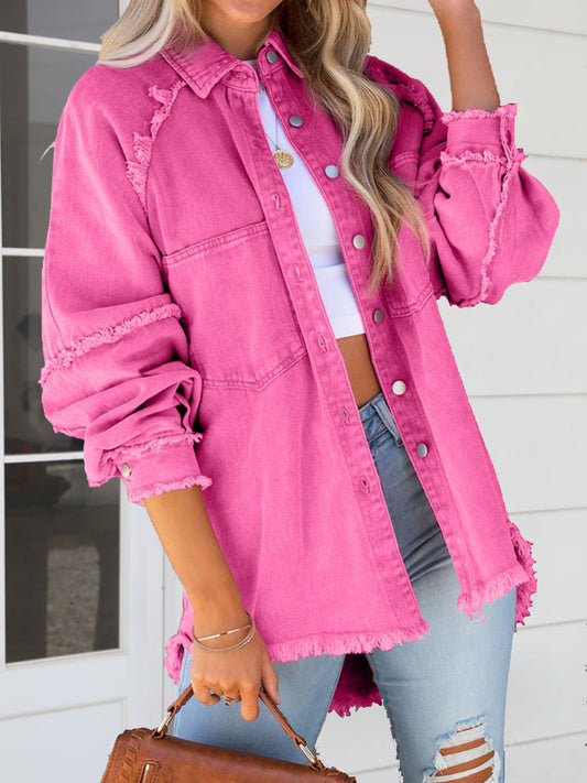 Honeybee Mumford's Button-Down Denim Jacket w/ Raw Hem in Pink and Lavender