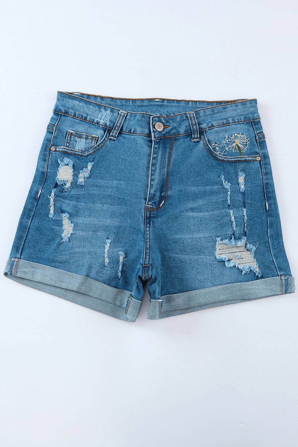 Honeybee Mumford's Sky Blue Dandelion Embroidered Ripped Denim Shorts