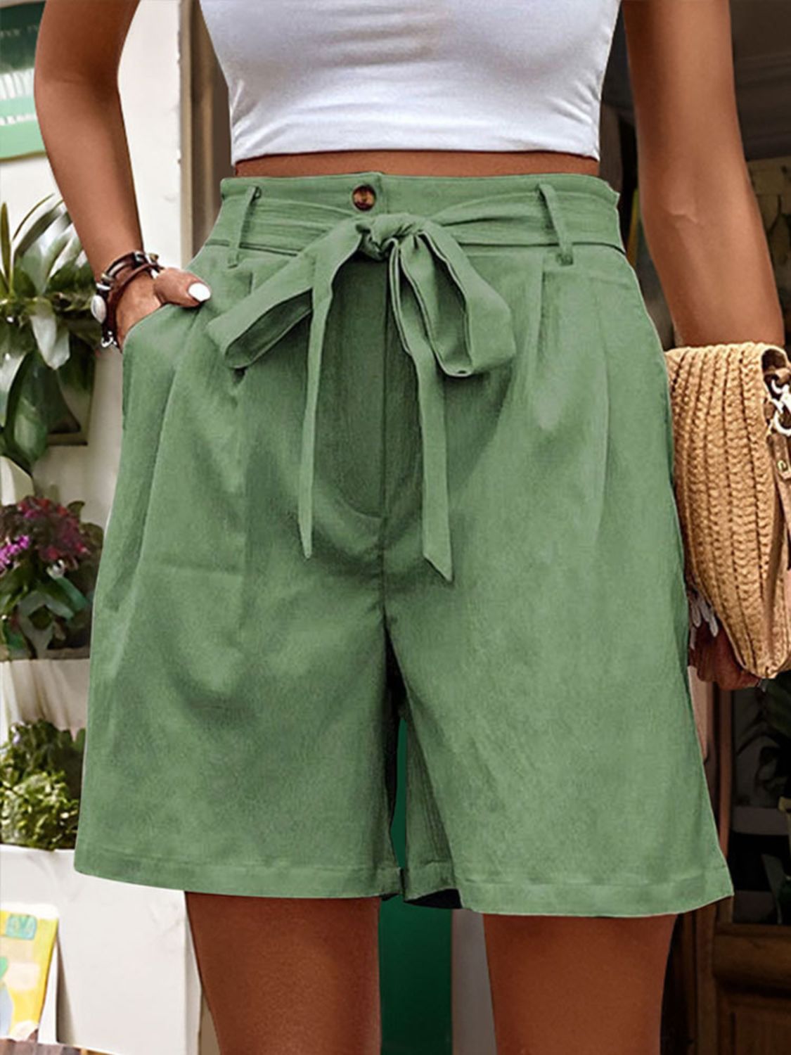 Honeybee Mumford's Tied High Waist Shorts with Pockets