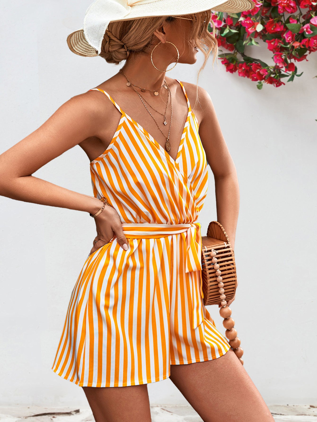 Honeybee Mumford's Striped Tie Waist Spaghetti Strap Romper