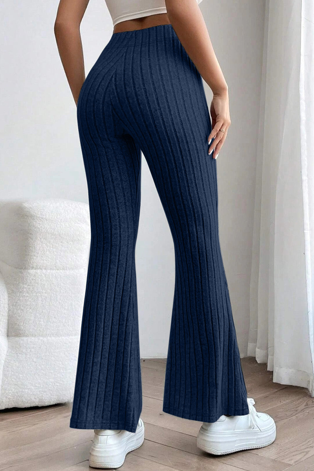 honeybee Mumford's Ribbed High Waist Flare Pants (Black , Dark Blue, Deep Teal, Light Gray colors)