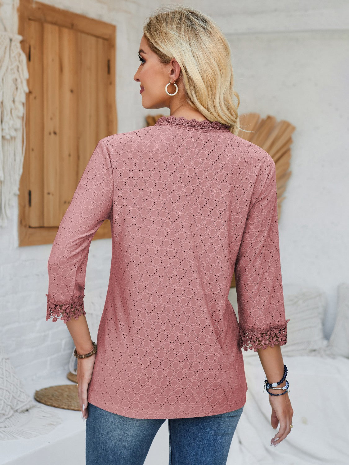 Honeybee Mumford's Lace Detail V-Neck Three-Quarter Sleeve Blouse