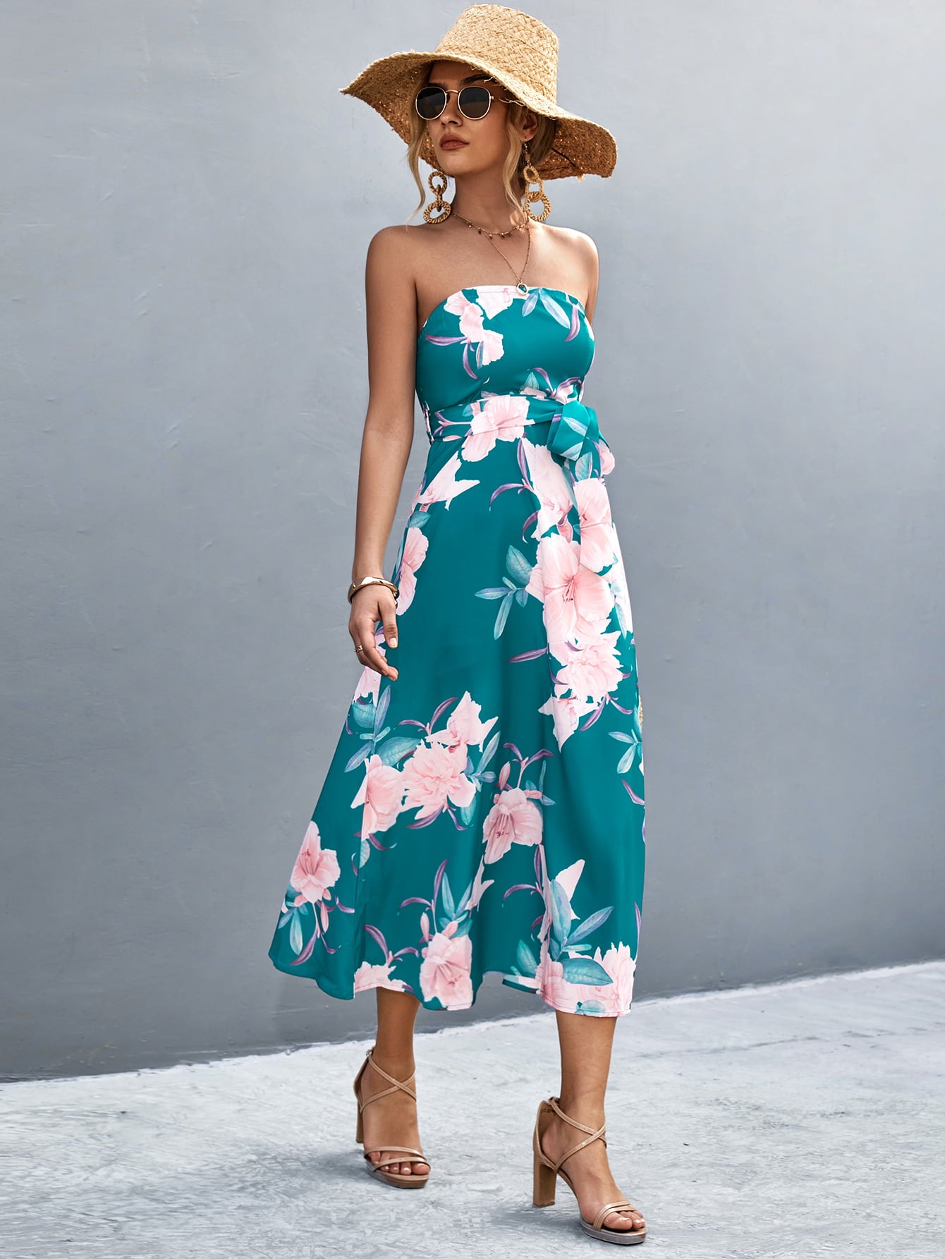 Honeybee Mumford's Floral Print Tie Waist Straight Neck Midi Dress