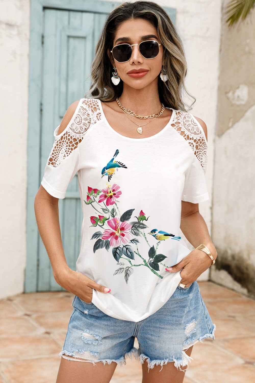 Honeybee Mumford's Lace Detail Round Neck Cold Shoulder Blouse