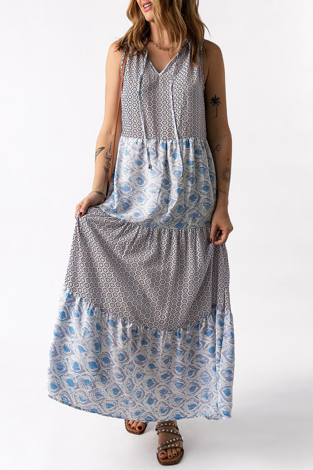 Honeybee Mumford's Mixed Print Tie-Neck Sleeveless Maxi Dress