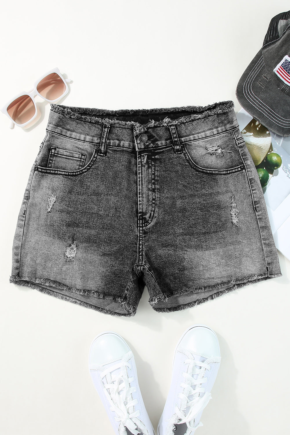 Honeybee Mumford's Gray Acid Wash Raw Edge Skinny Denim Shorts