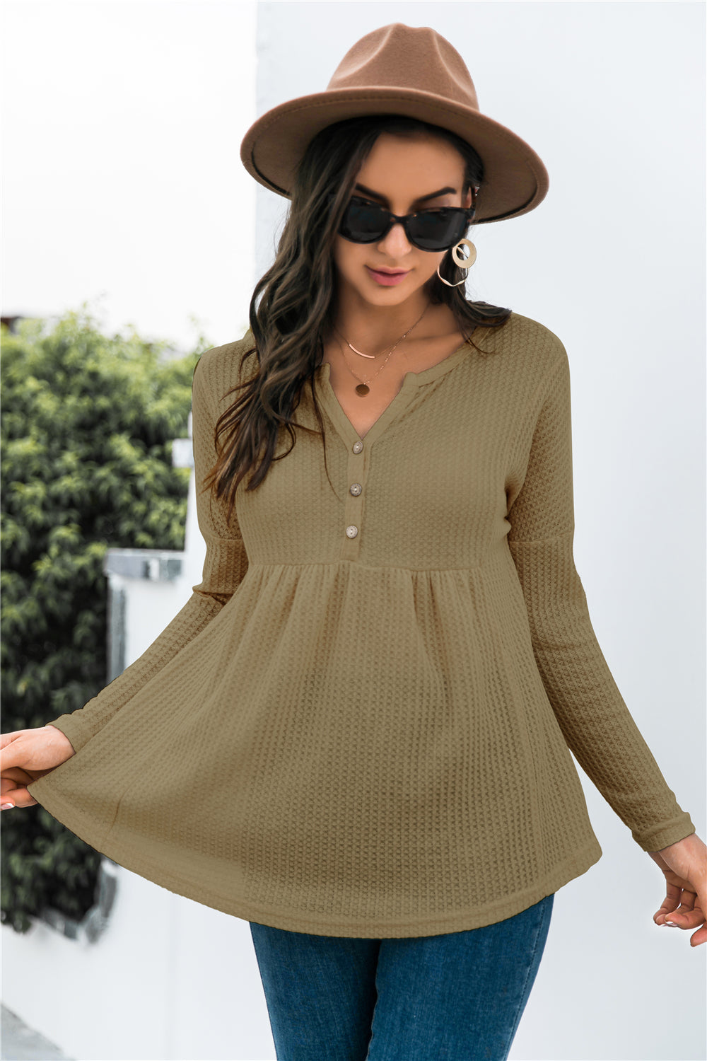 Honeybee Mumford's Front Button Waffle Knit Babydoll Top in Black, Army Green and Apricot