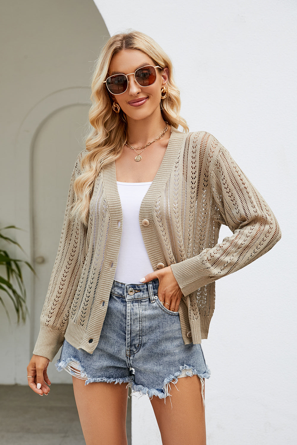 Honeybee Mumford's Openwork Button Front V-Neck Cardigan