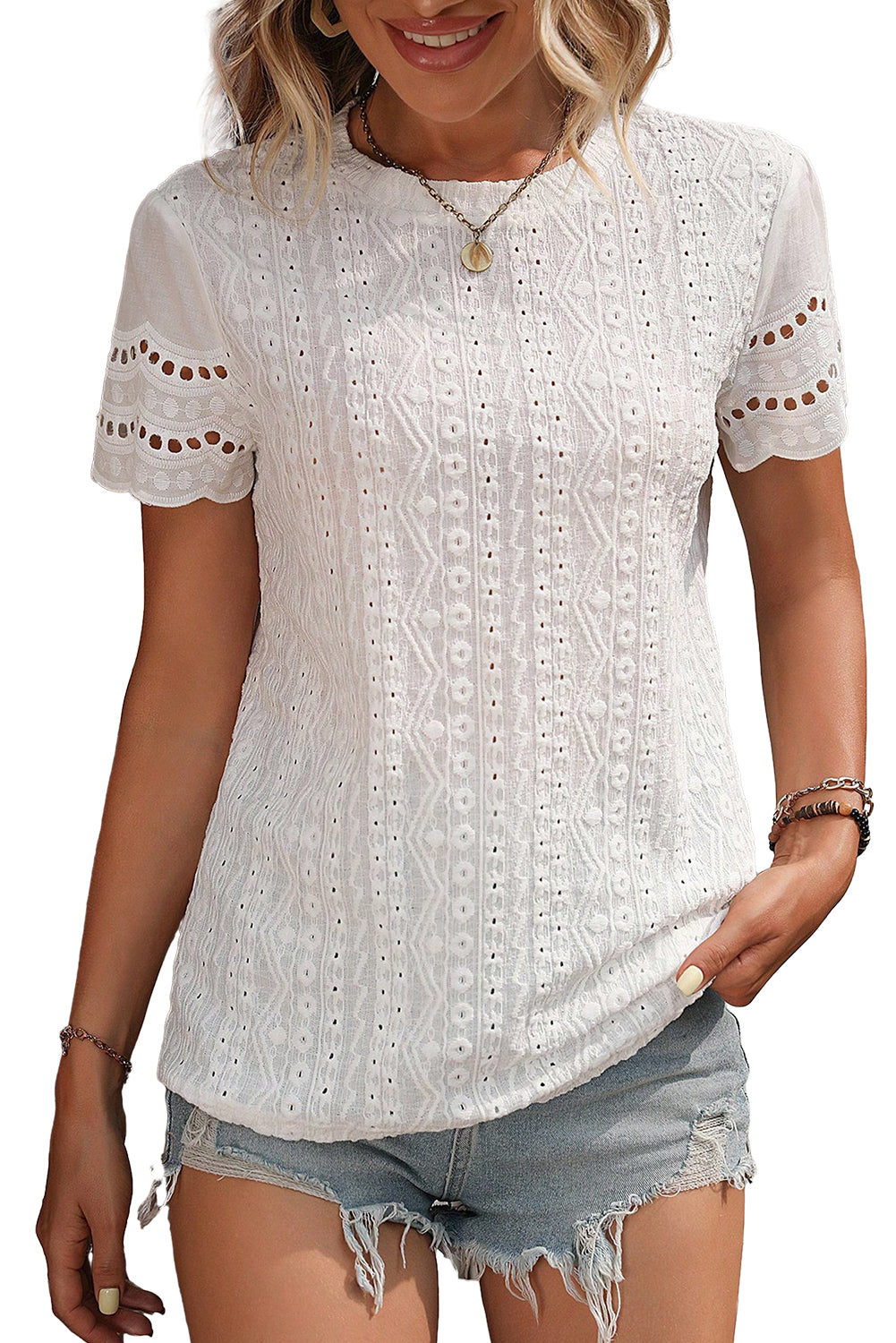 honeybee Mumford's White Eyelet Embroidery Scalloped Short Sleeve Top