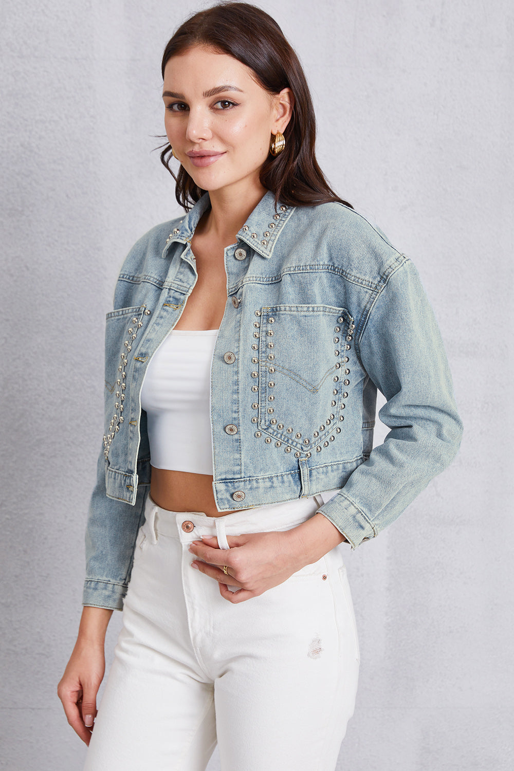 Honeybee Mumford's Studded Dropped Shoulder Denim Jacket