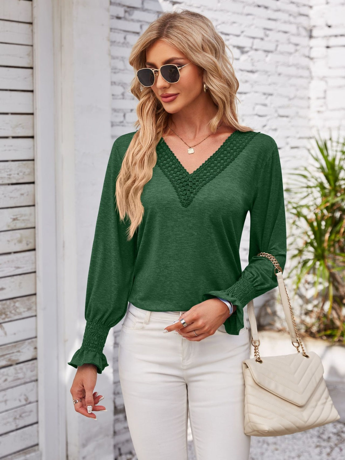 Honeybee Mumford's Smocked V-Neck Long Sleeve Blouse