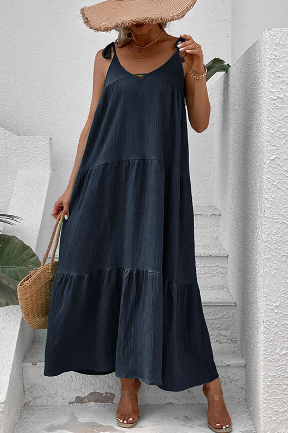 Honeybee Mumford's Tie-Shoulder Tiered Maxi Dress