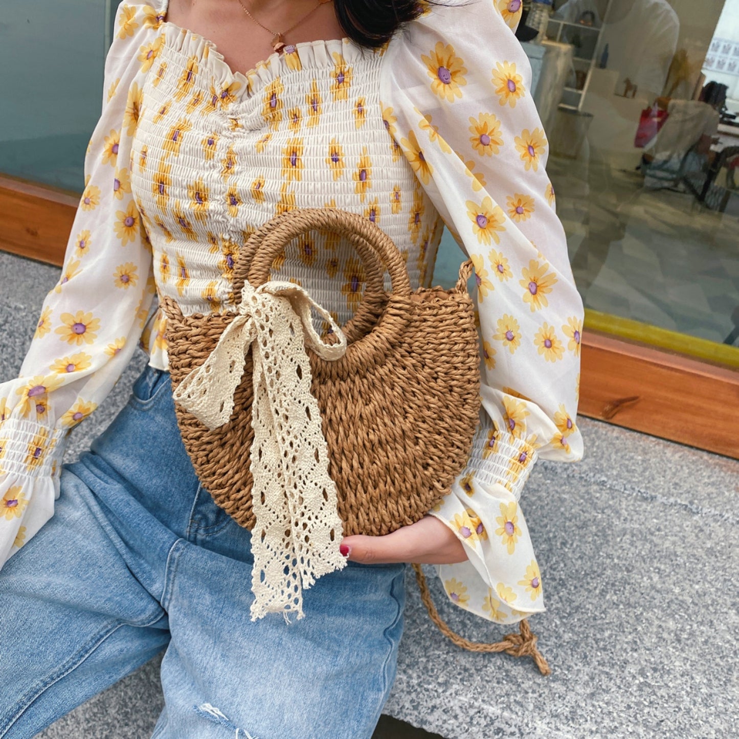 Honeybee Mumford's Drawstring Straw Braided Crossbody Bag