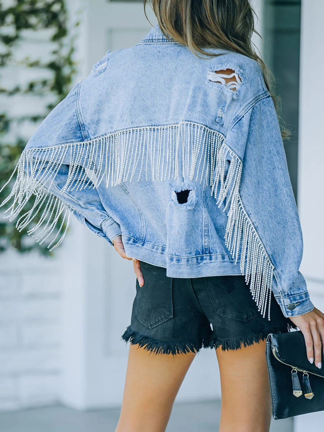 Honeybee Mumford's Distressed Fringe Denim Jacket