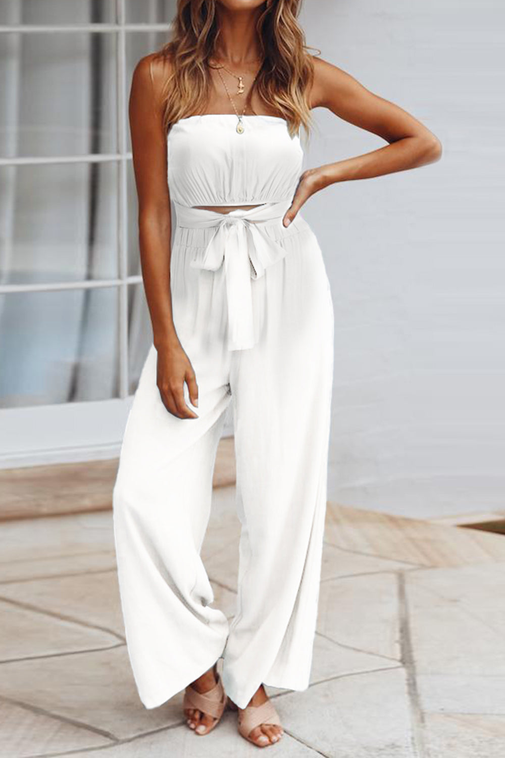 Honeybee Mumford's Tied Cutout Tube Wide Leg Jumpsuit